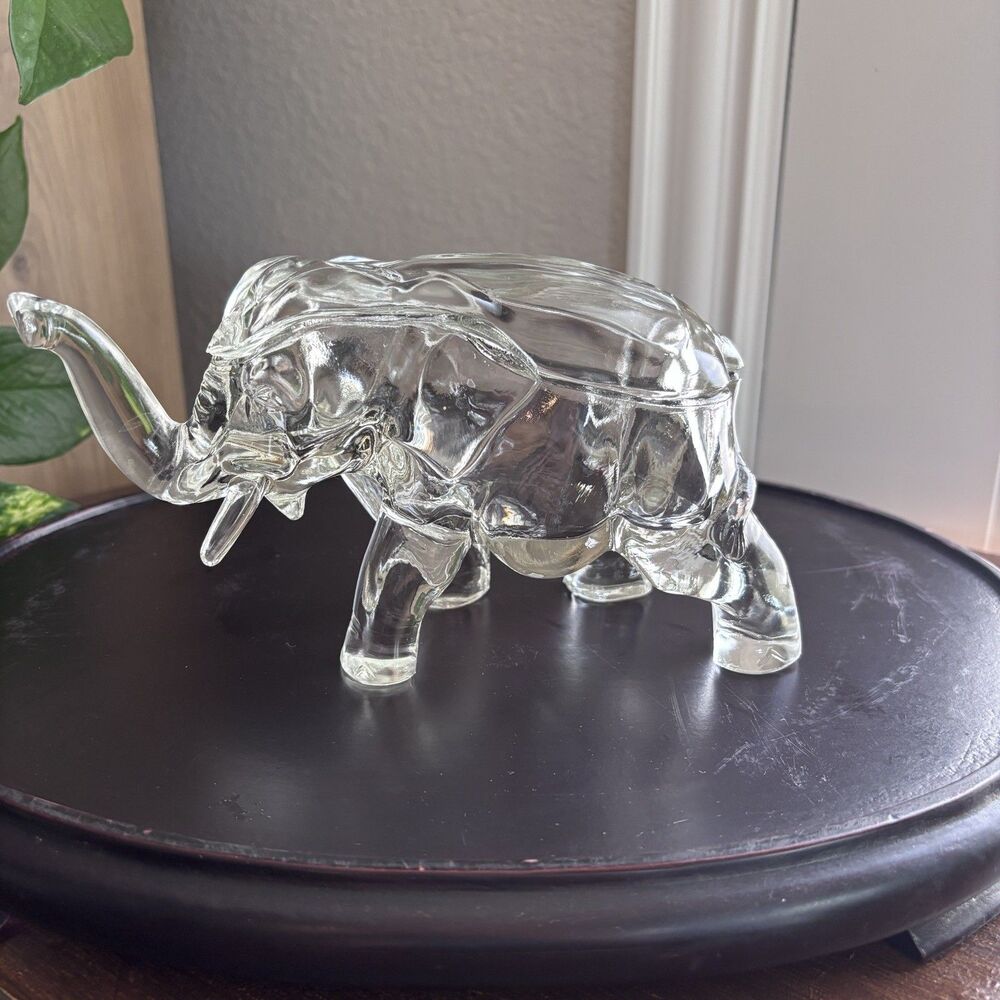 Vintage Clear Glass Elephant Trinket Candy Dish Figurine w/ Lid Tusks Trunk Up